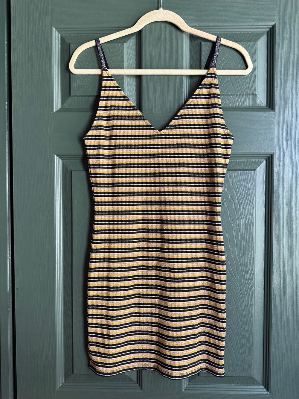 Topshop Striped V-Neck Slip Dress in Yellow, Black and Cream